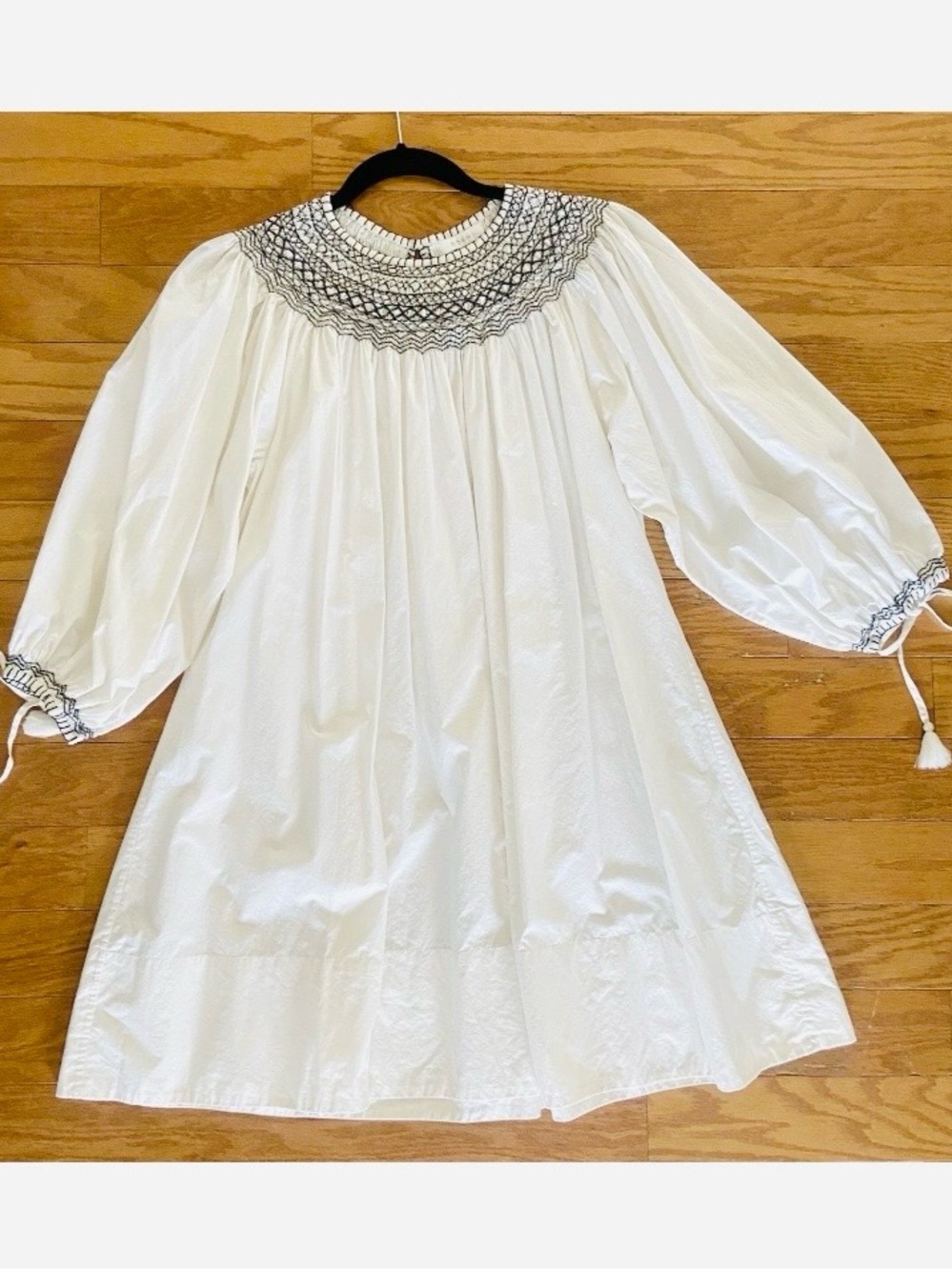 Doen White Organic Cotton Smocked Yoke Balloon Sleeve Casual Dress Small